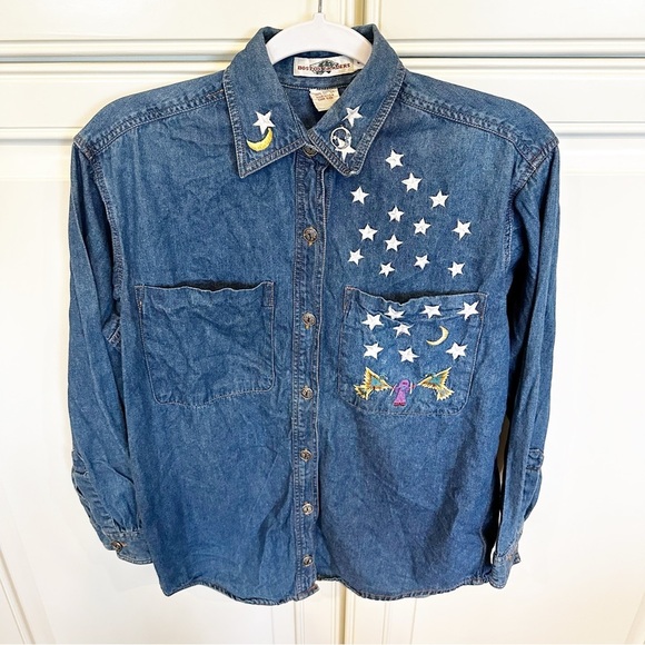 Boston Traders Vintage Womens Embroidered Boho Star Moon Denim Button Down Shirt - Picture 1 of 9